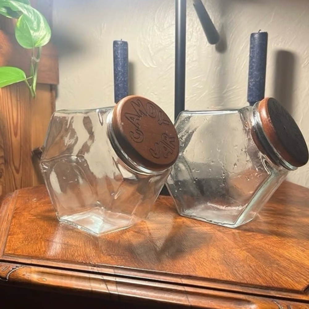 2x Vintage Antique Libbey from Canada Glass Hexagon Candy Treat Jar Wood Lid
